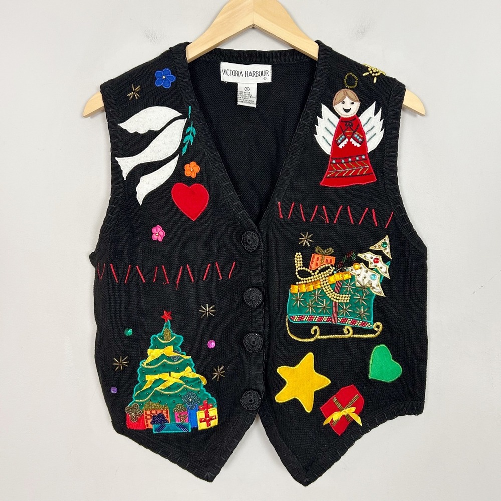 Vintage Victoria Harbour Sweater Vest Black Christmas Embroidered Women's Medium